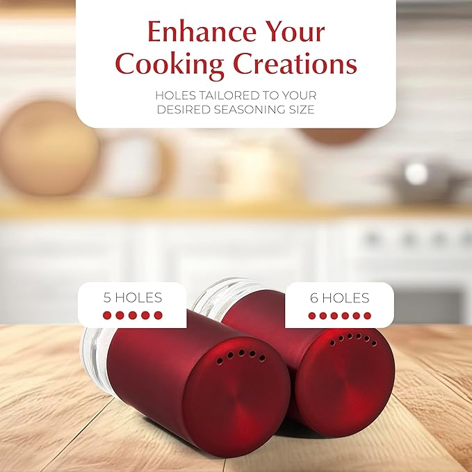 Signature Red Burgundy Salt and Pepper Shakers with Holder - Elegant Stainless Steel Salt Shaker and Pepper Shaker Set with Acrylic Holder for Kitchen Counter or Restaurant Table (2-Piece Set)