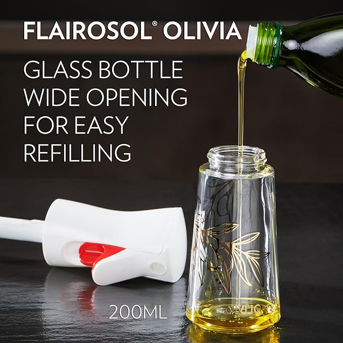 FLAIROSOL OLIVIA Oil Sprayer for Cooking, 200ml Glass Olive Oil Sprayer, Continuous Cooking Spray Bottle with Portion Control, Olive Oil Dispenser for Kitchen, Air Fryer, Salad, BBQ (Golden Leaves)