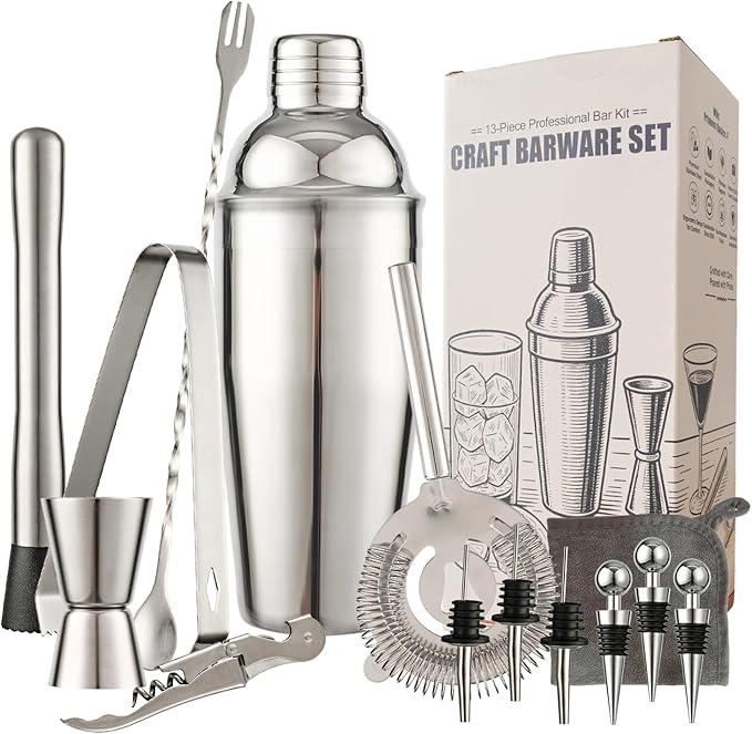 13-Piece Bartender Kit Bar Tool Set – Boston Cocktail Shaker Set with Muddler,Strainer,Jigger,Spoon–Home Bar Accessories and Drink Mixer Gift for Bartesian,Housewarming, Bar Cart Decor