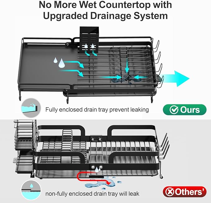 GSlife Large Expandable Dish Drying Rack - Dish Rack for Kitchen Counter with Metal Extension, Large Capacity(16.5" ~ 24.4" L) Dish Drainer with Pan Slots, Cup Holders, Black