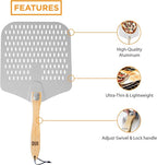 Perforated Pizza Peel - 16 x 14-inch Aluminum Spatula Paddle for Extra Large Pizzas. Foldable Wood Handle for Easy Storage, Pizza Oven Accessories. Premium Tool for Baking Homemade Pizza Pies.