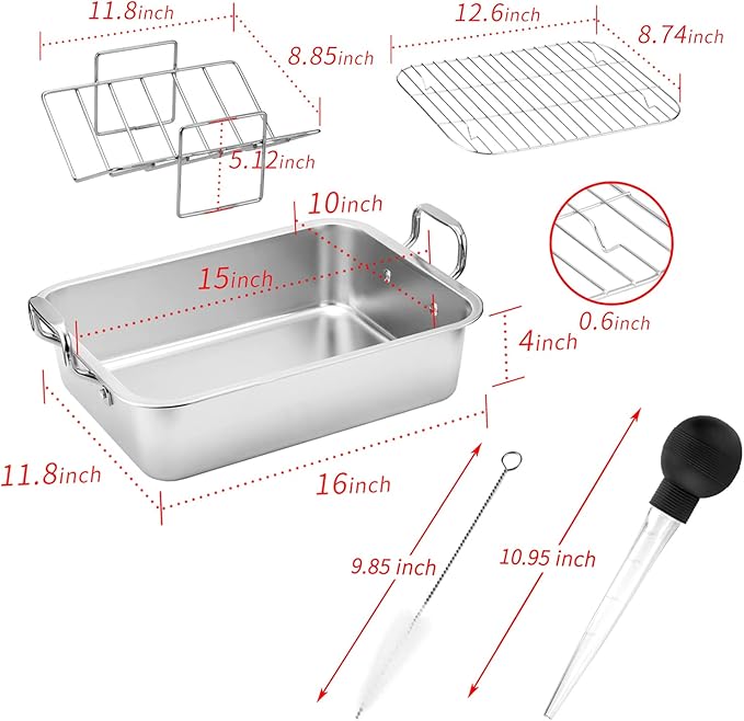 15 Inch Stainless Steel Roasting Pan with Cooling Rack - Turkey, Chicken, Ham Roaster with V-Shaped Baking Rack by Kendane