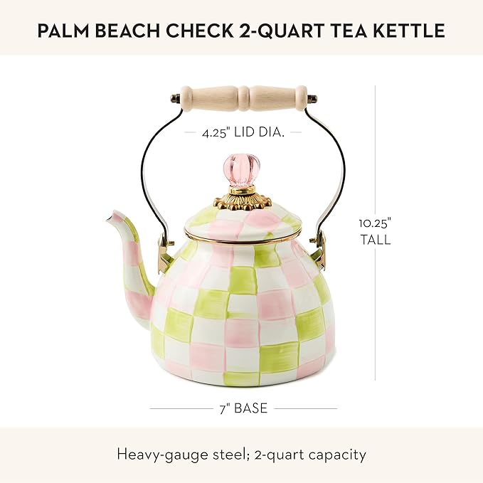 MACKENZIE-CHILDS Enamel Tea Kettle, Cute Tea Kettle for Stovetop, 2 Quarts, Pastel Pink-and-Green Palm Beach Check