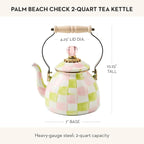 MACKENZIE-CHILDS Enamel Tea Kettle, Cute Tea Kettle for Stovetop, 2 Quarts, Pastel Pink-and-Green Palm Beach Check