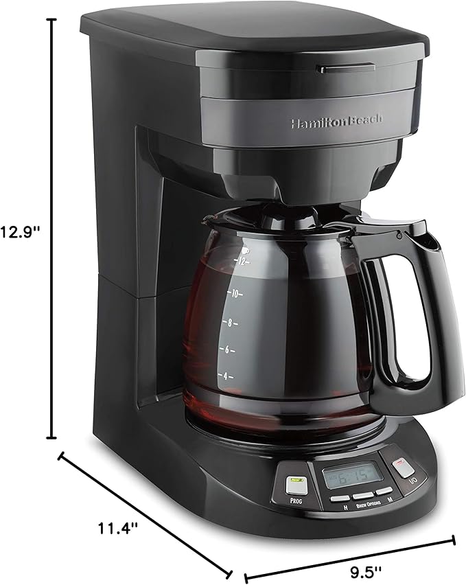 Hamilton Beach 12 Cup Programmable Drip Coffee Maker with 3 Brew Options, Glass Carafe, Auto Pause and Pour, Black Stainless (46293)