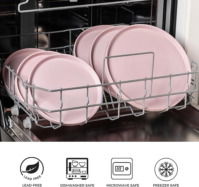 AmorArc Ceramic Dinner Plates Set of 6,10.0 Inch Matte Stoneware Plates for Kitchen,Modern Flat Dinnerware Dishes Set,Microwave& Dishwasher Safe, Scratch Resistant, Matte Pink