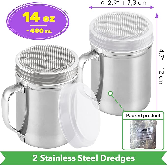 CUSINIUM Large Powdered Sugar Shaker Duster - With Handle - Cinnamon Shaker For Coffee Bar- Fine Mesh Dredge - 14 ounce, pack of 2 | Style: Fine