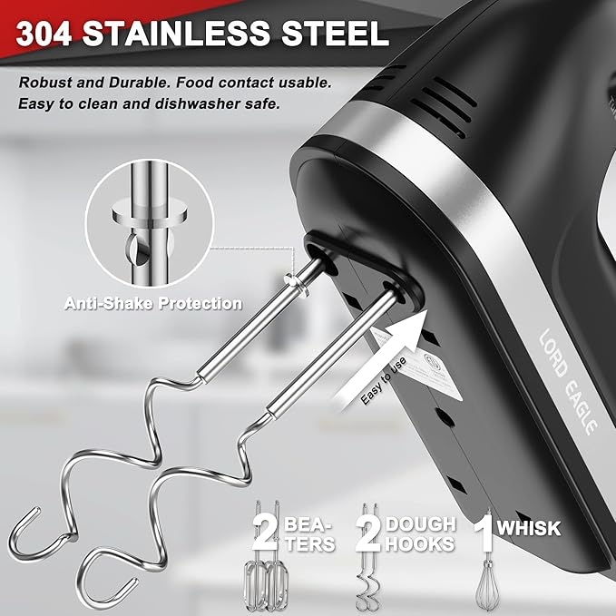 Lord Eagle Hand Mixer Electric 400W, 5 Speed handheld Mixer, 5 Stainless Steel Accessories for Baking Cake Egg Cream Food Beater, Turbo Boost/Self-Control Speed + Eject Button