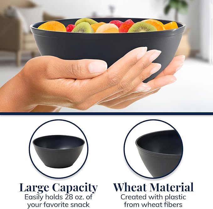US Acrylic Wheat Straw Unbreakable 28 oz. Stackable Cereal Bowls for Snacks & Ice Cream in Grey (Set of 8) 6-inch Reusable, BPA-Free, Dishwasher Safe Dinnerware, Made in USA