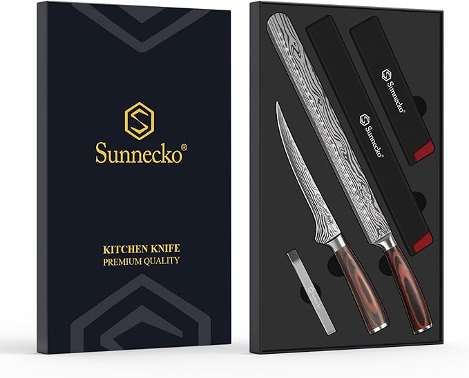 Sunnecko Professional BBQ Carving Knife Set, Slicing and Boning Knife for Meat Cutting,German High Carbon Stainless Steel Carving Knife for Meat and Turkey.