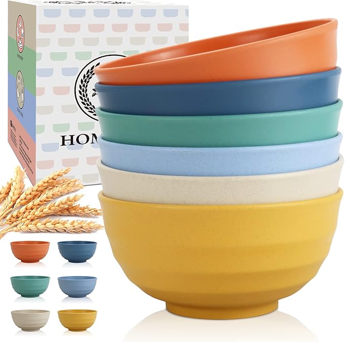 Homienly Wheat Straw Large Bowls, 60 OZ Large Capacity Salad Bowl,Unbreakable Bowl Set of 6, Serving Bowls for Kitchen, Picnic, Party, Microwave and Dishwasher Safe Camping Bowl Set-Multi