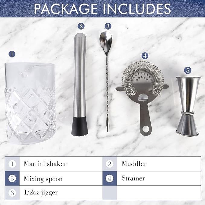 5PCS Crystal Cocktail Mixing Glass Set 18.6oz Bartender kit Cocktail Mixing Set Glass with Spoon, 1/2oz Jigger, Strainer and Muddler for Home Bar Party