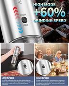 CIRCLE JOY Electric Salt and Pepper Grinder Set Stainless Steel Rechargeable Salt and Pepper Grinder Set, Variable Grinding Speed, External Adjustable Coarseness, Storage Base, White LED Light, Silver