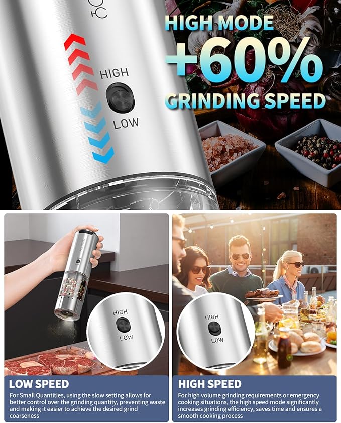 CIRCLE JOY Electric Pepper Grinder Stainless Steel Rechargeable Pepper Mill with Variable Grinding Speed, External Adjustable Coarseness, 95ml Container and White LED Light, Silver