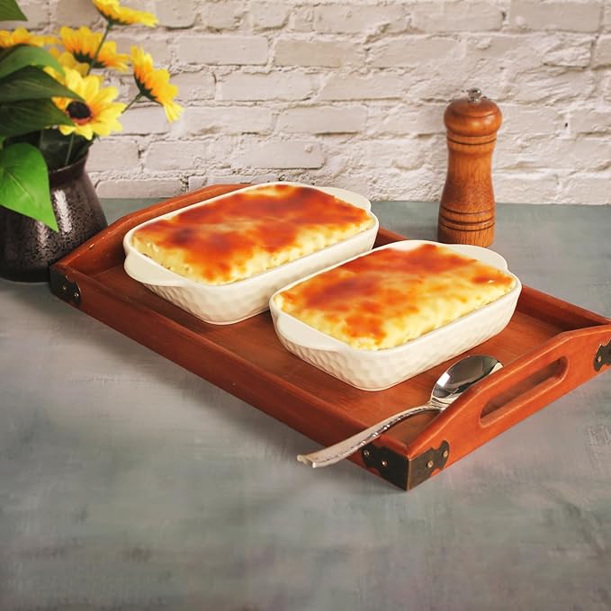 Rectangular Porcelain Baking Dish Set,Au Gratin Dishes,Casserole Dish, Ramekins 21 oz Bakeware Set of 2,Lasagna Pans for Cooking,Cake Dinner,Kitchen, Carry Handles 9.5" x 5.5" (Beige