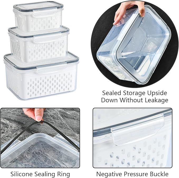 3 PCS Fruit Storage Containers for Fridge with Removable Colander, Leak proof Food Storage Containers, Airtight Food Storage Containers, Food Storage Container with Lids, Keep Food Meat Fresh