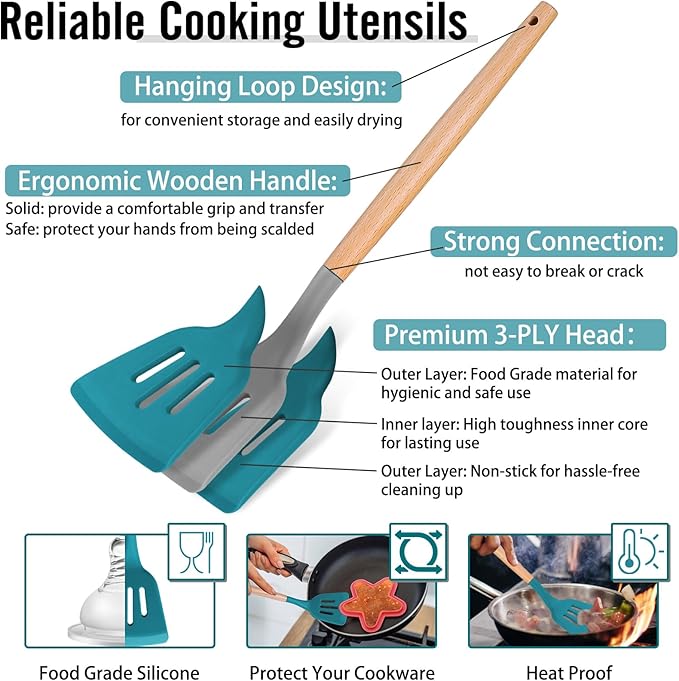 P&P CHEF Silicone Cooking Utensils Set, 8-Piece Kitchen Cooking Utensil with Wooden Handle, Silicone Spatula for Nonstick Cookware, Heat-proof & Easy Clean, Blue