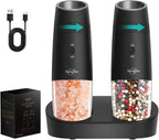Sangcon Gravity Electric Salt and Pepper Grinder Set RECHARGEABLE, Automatic Salt Pepper Shakers with Charging Base - LED Light One Hand Operation, External Adjustable Coarseness Pepper Mill
