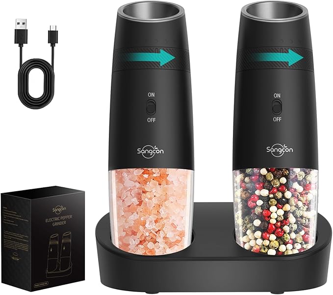 Sangcon Gravity Electric Salt and Pepper Grinder Set RECHARGEABLE, Automatic Salt Pepper Shakers with Charging Base - LED Light One Hand Operation, External Adjustable Coarseness Pepper Mill