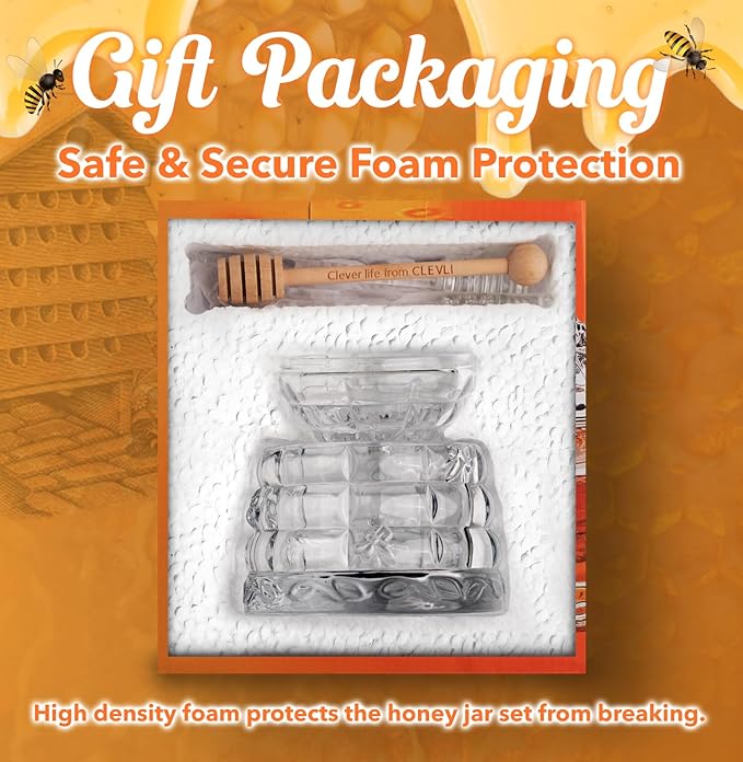 Elegant Glass "Crystal" Honey Jar with 2 Glass + 1 Wooden Dipper & 1 Clear Spoon | Beehive Design | 10 oz Container | Perfect for Sugar, Marmalade & Jam | Durable & Stylish Multipurpose Pot with Lid