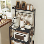 HOOBRO Kitchen Bakers Rack with Storage, 4 Tiers Coffee Bar Station, Microwave Stand with 8 S-Shaped Hooks, Kitchen Storage Shelf Rack for Small Spaces, Black BB04HB01
