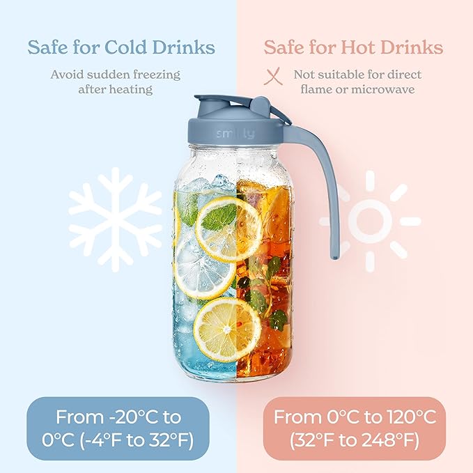 SMIRLY 64 oz Mason Jar Pitcher, Glass Pitcher with Wide Mouth, Water Jug with Double Leak Proof Lid for Iced Coffee, Hot Water, Breast Milk