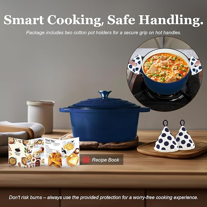 Overmont Enameled Cast Iron Dutch Oven - 5.5QT Pot with Lid Cookbook & Cotton Potholders - Heavy-Duty Cookware for Braising, Stews, Roasting, Bread Baking Indigo Blue