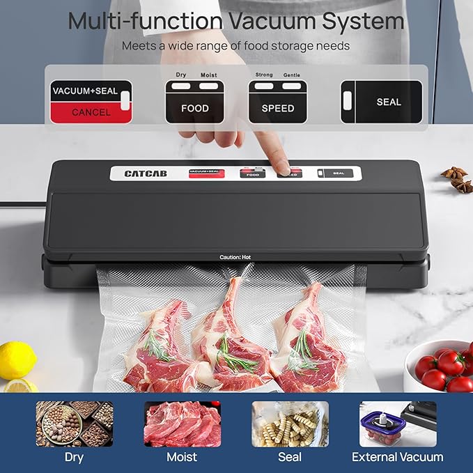 Vacuum Sealer Machine for Food Saver, 70kpa Powerful Suction Compact 7-in-1 Automatic Food Sealer for Sous Vide & Food Storage, Dry/Moist/Strong/Gentle Mode, Removable Drip Tray | 2 Bag Rolls, Black