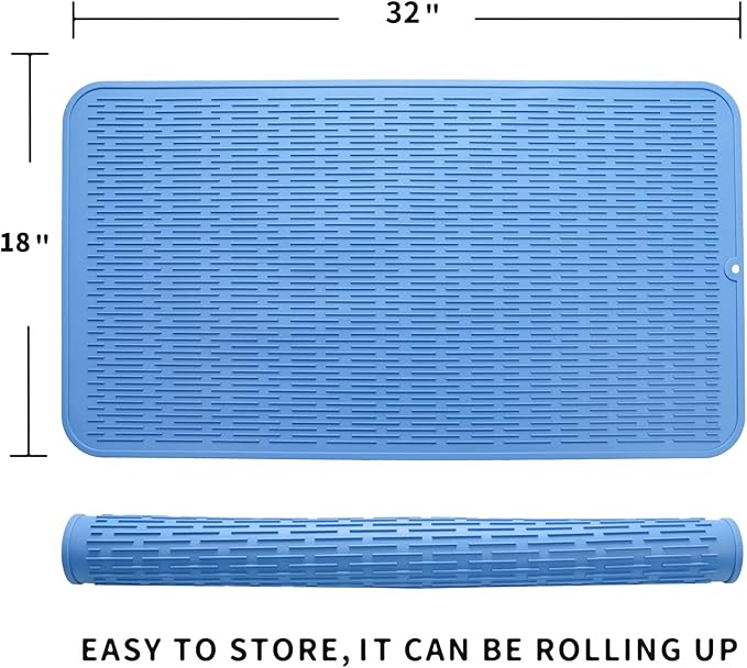 Silicone Dish Drying Mat for Multiple Usage,Easy clean,Eco-friendly,Heat-resistant Silicone Mat for Kitchen Counter or Sink,Refrigerator or Drawer Liner Lichen BlueL 4XL 32 inches x 18 inches