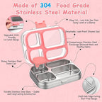 MISS BIG 4 Compartment Stainless Steel Lunch Box for Kids Leakproof Bento Box with Metal Sauce Container, 50 Mixed Food Stickers, BPA-Free, Dishwasher Safe Ideal for School & Toddlers （Pink）