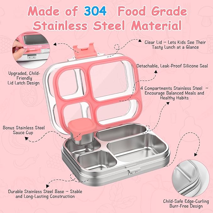 MISS BIG 4 Compartment Stainless Steel Lunch Box for Kids Leakproof Bento Box with Metal Sauce Container, 50 Mixed Food Stickers, BPA-Free, Dishwasher Safe Ideal for School & Toddlers （Pink）