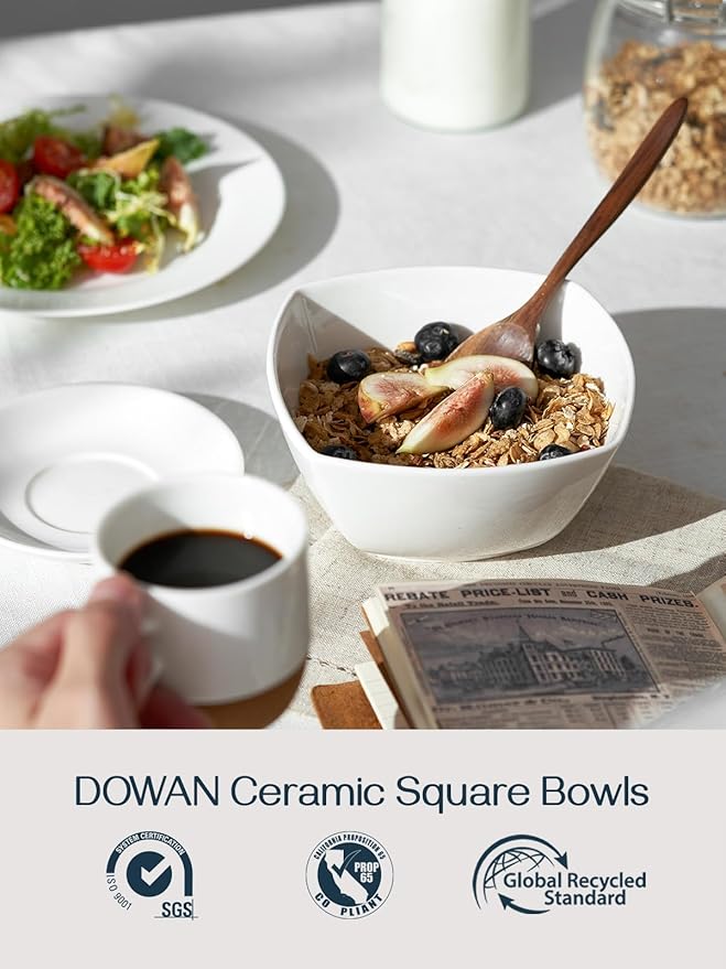 DOWAN Porcelain Soup Bowls Set of 6, 27 OZ Ceramic Square Cereal Bowls, Soft White Bowl, for Ice Cream and Dessert Snack, Wedding Party Gift, Microwave Safe Bowl