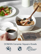 DOWAN Porcelain Soup Bowls Set of 6, 27 OZ Ceramic Square Cereal Bowls, Soft White Bowl, for Ice Cream and Dessert Snack, Wedding Party Gift, Microwave Safe Bowl