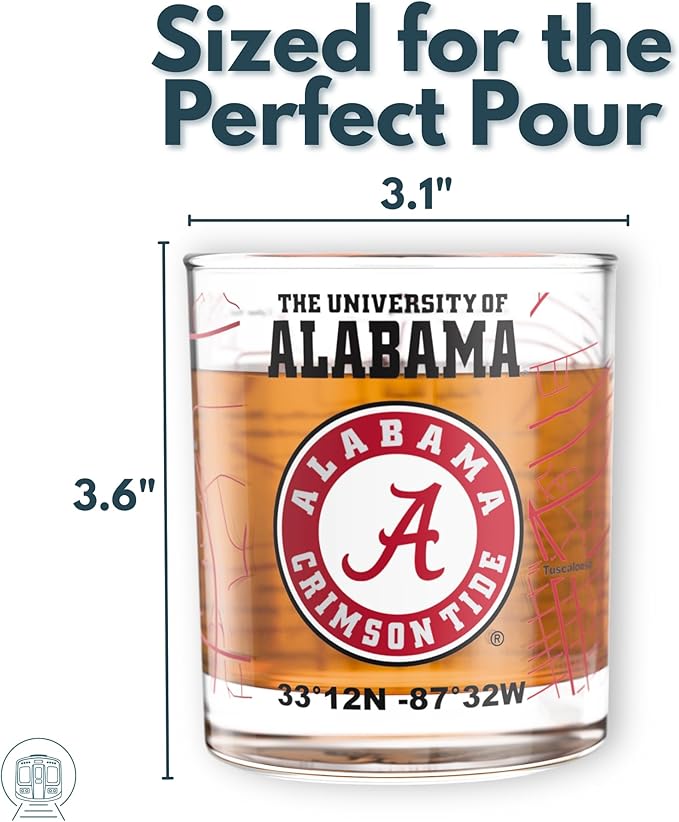 Greenline Goods – University of Alabama Crimson Tide College Whiskey Glasses (Set of 2), 10 oz – Full-Color Logo + Campus Map
