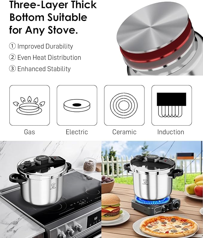 Pressure Cooker Stainless Steel 6.3 Quart,Olla De Presion For 2-3 People[Glass Lid & Steamer Rack Included][Press To Open][Compatible With Induction And Gas Stovetops]