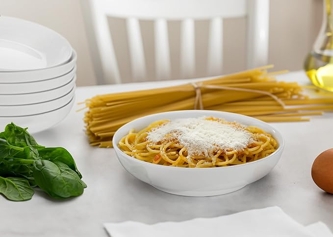 KooK Pasta Bowl, Set of 6, Salad Bowl, Large, Ceramic, Microwave and Dishwasher Safe, for Soups, Shallow Serving Bowls, 32 oz, (White)