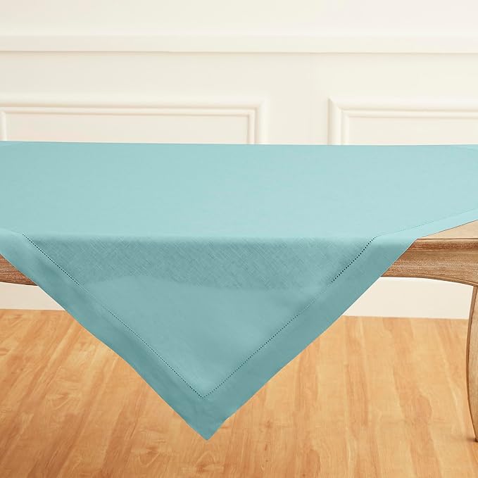 Solino Home Linen Square Tablecloth 52 x 52 Inch - 100% Pure Linen Aqua Blue Table Throw - Classic Hemstitch, Machine Washable Table Cloth for Summer