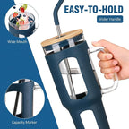 Glass Tumbler with Lid and Straw, 46 oz Iced Coffee Cup with Handle, Large Water Bottles with Silicone Sleeve, Glass Cup with Straws - Pearl Straw & Drinking Straw BPA Free-Blue