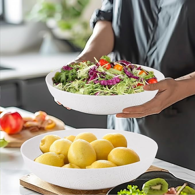 Salad Bowls 10inch Serving Bowls 65oz Large Salad Bowls Wheat Straw Bowls Set of 2 Wide and Shallow Plastic Salad Bowl for Kitchen Microwave & Dishwasher Safe.White