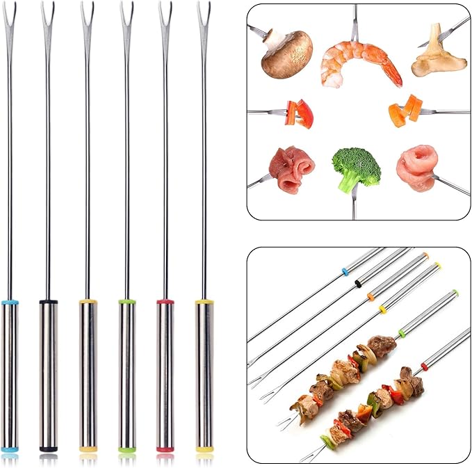 12Pcs Stainless Steel Fondue Forks, 6 Color Cheese Fondue Forks with Heat Resistant Handle, Smores Sticks for Chocolate Fountain Roast Marshmallows Dessert Fruits(9.5 Inch)