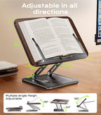 Book Stand for Reading, Adjustable Book Holder with 360°Rotating Bases, Ergonomic Cookbook Stand Recipe Book Holder with Elastic Page Clips for Magazines, Tablets, Laptops