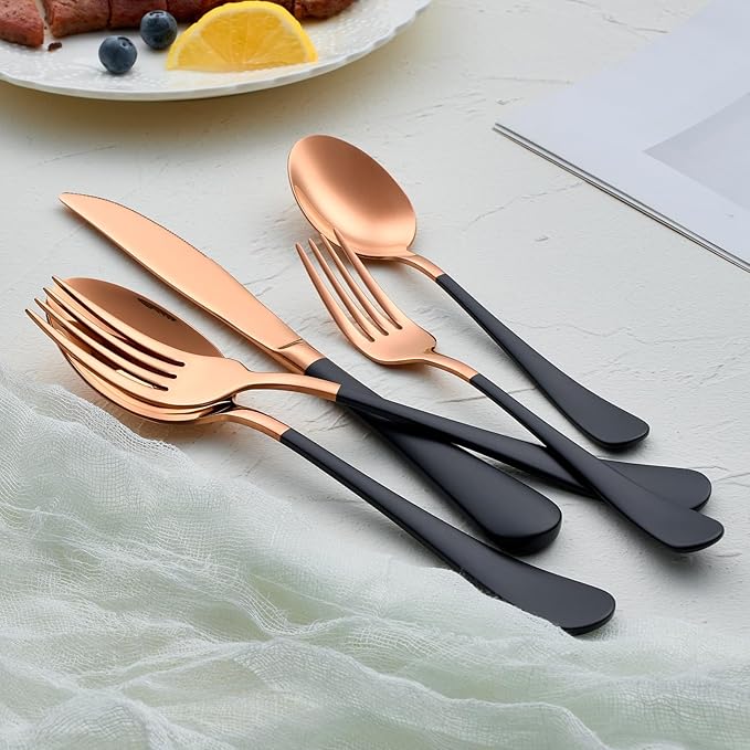 20-Pieces Rose Gold and Black Silverware Sets for 4,Black Handle Stainless Steel Cutlery Set, Include Forks Spoons and Knives Set, Dishwasher Safe Utensil Sets for Home Restaurant