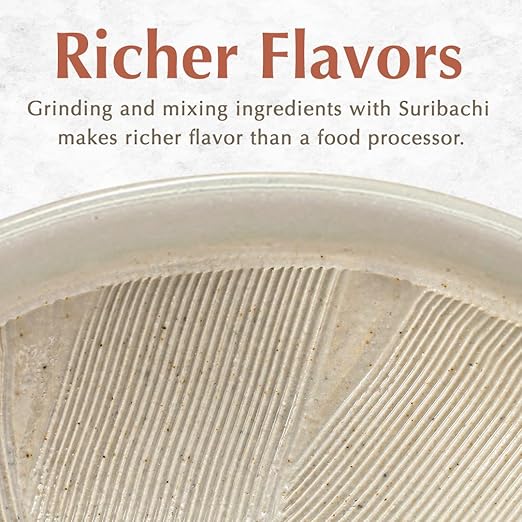 TIKUSAN Japanese Ceramic Ripple Ridge Mortar & Pestle Suribachi Bowl and Surikogi Set with Spout 7.1 inches Made in Japan (White)