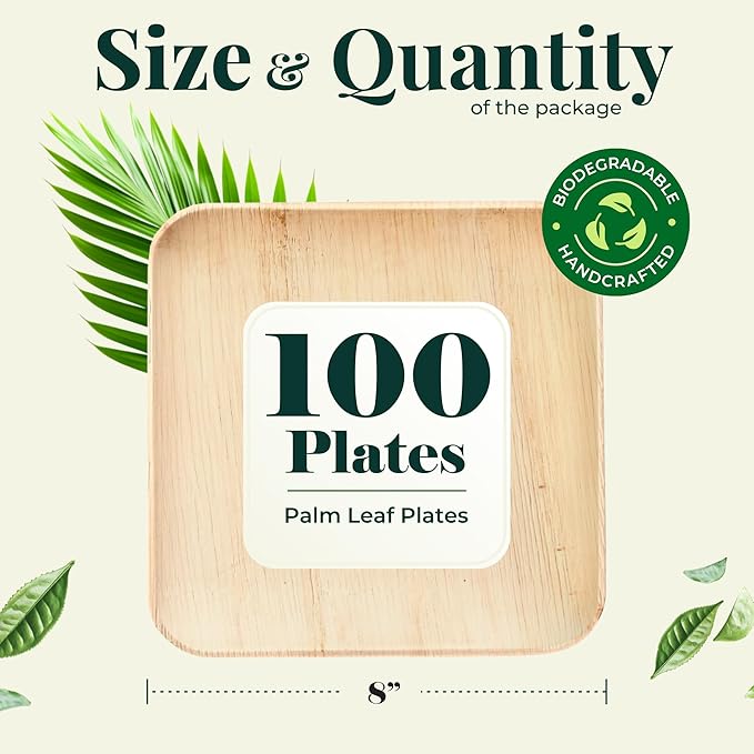 KoalaLove Palm Leaf Plates Bamboo Plates Disposable Square 8 inch 100 Bulk Party Pack Elegant Sturdy Design Better Than Paper and Plastic (KoalaLove-PLP-8IN-100-Plates)