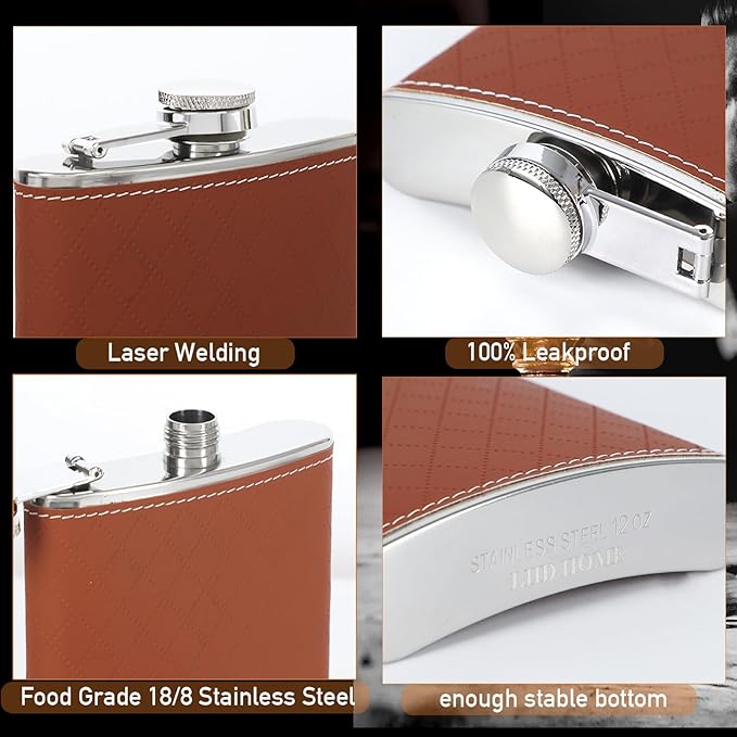 Flask For Men,350ml/12oz Hip Flask,304 Food Grade Stainless Steel,2 Cups And Funnel Portable Gift Box For Whiskey Rum Groomsman Best Man Usher Wedding-Leather Rhomboid Stripe Brown