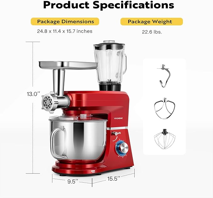VIVOHOME 6 in 1 Multifunctional Stand Mixer with 8.5 Quart Stainless Steel Bowl, 660W 10 Speed Tilt-Head Meat Grinder, Juice Blender, Vegetable Slicer, Pasta and Cookie Maker, Red