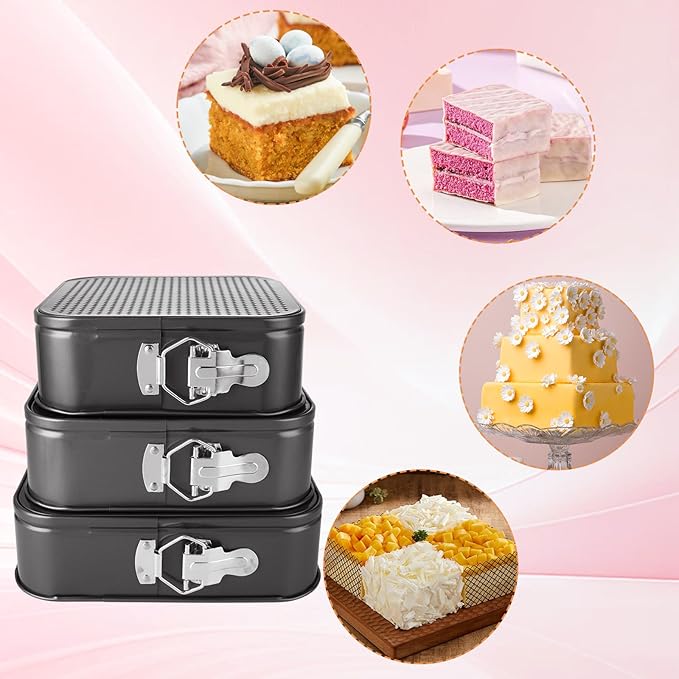 3Pcs Springform Pan, Square Cake Pan Nonstick Cheesecake Pans, Bakeware with Removable Base, Nonstick Leakproof (8, 8.5, 9.5 Inch)