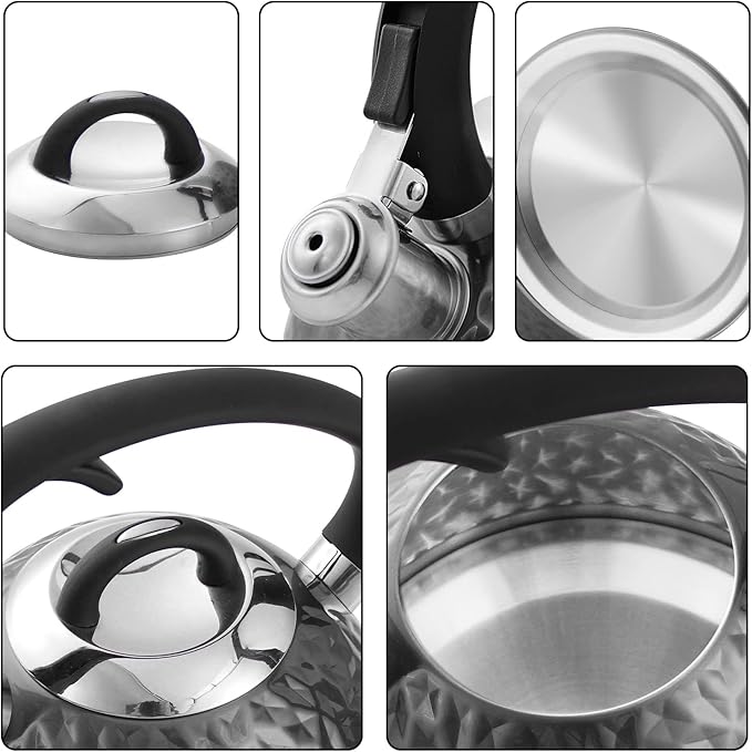 Copper Tea Kettle Stainless Steel Teapot Whistling Kettle Unique Button Control Kettle Outlet Loud Whistle Food Grade Teapot 3.2 Quart / 3 Liter Black