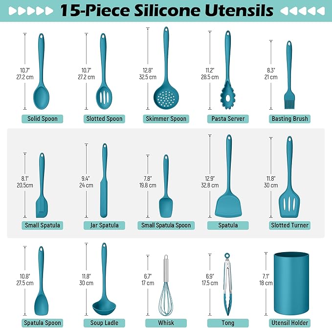 Homikit Silicone Cooking Utensils Set, 15-Piece Nonstick and Heat Resistant Kitchen Utensil Spatula Set with Holder, Kitchen Gadgets Home Essentials & Pots and Pans Accessories, Blue