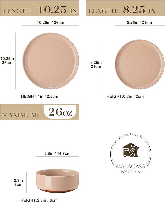 MALACASA Plates and Bowls Sets, 18 Pieces Modern Ceramic Dinnerware Set for 6 Kitchen Dinner Set Stoneware Dishware Dishes Set Microwave and Dishwasher Safe, Pink, Series TARA